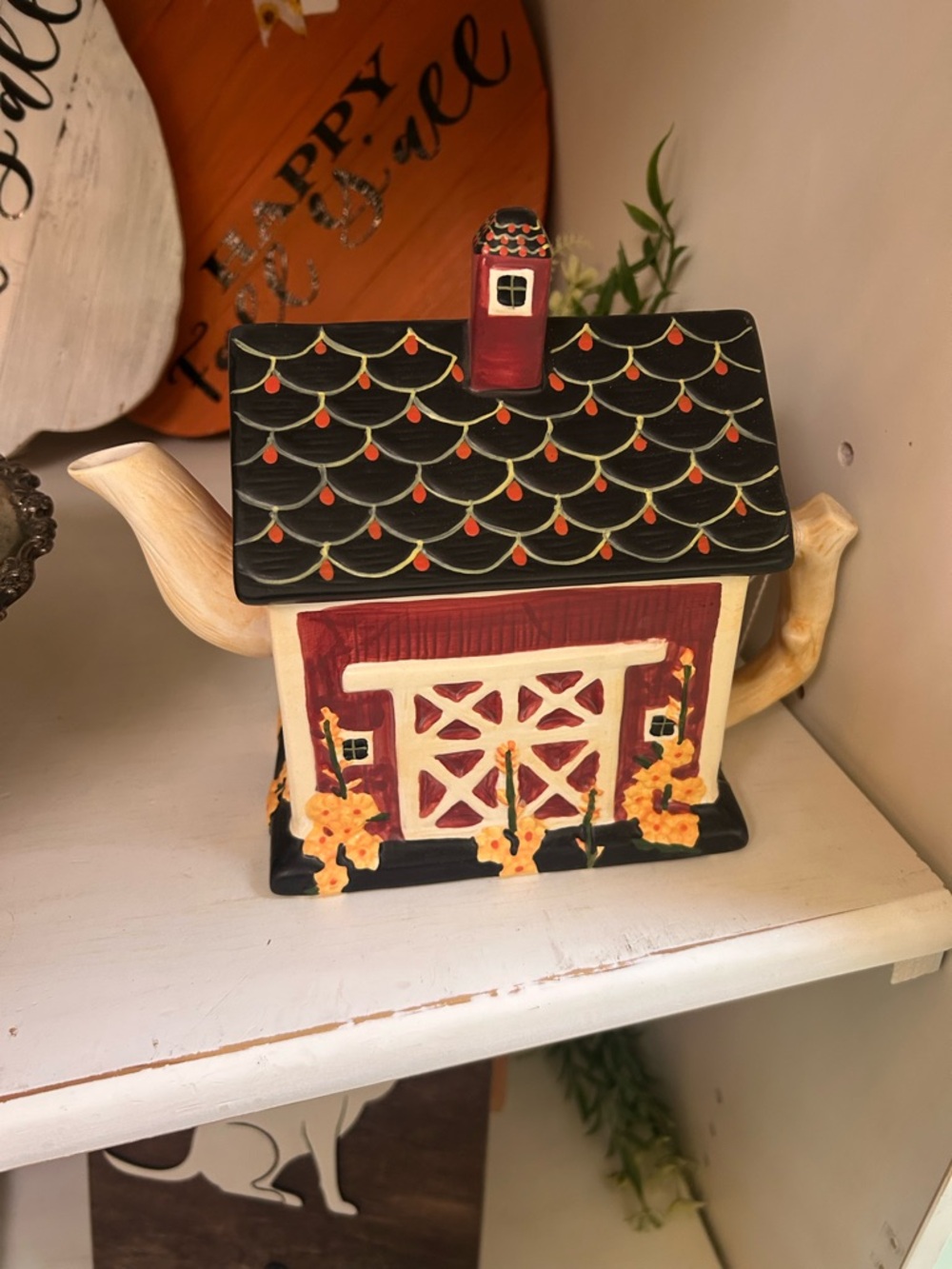 Sakura Red Barn Teapot Tissue Box Cover with Black Roof and Cream Accents - Picture 2 of 3